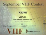 Bill's K2UNK Sept 2014 ARRL Certificate for the VHF contest.